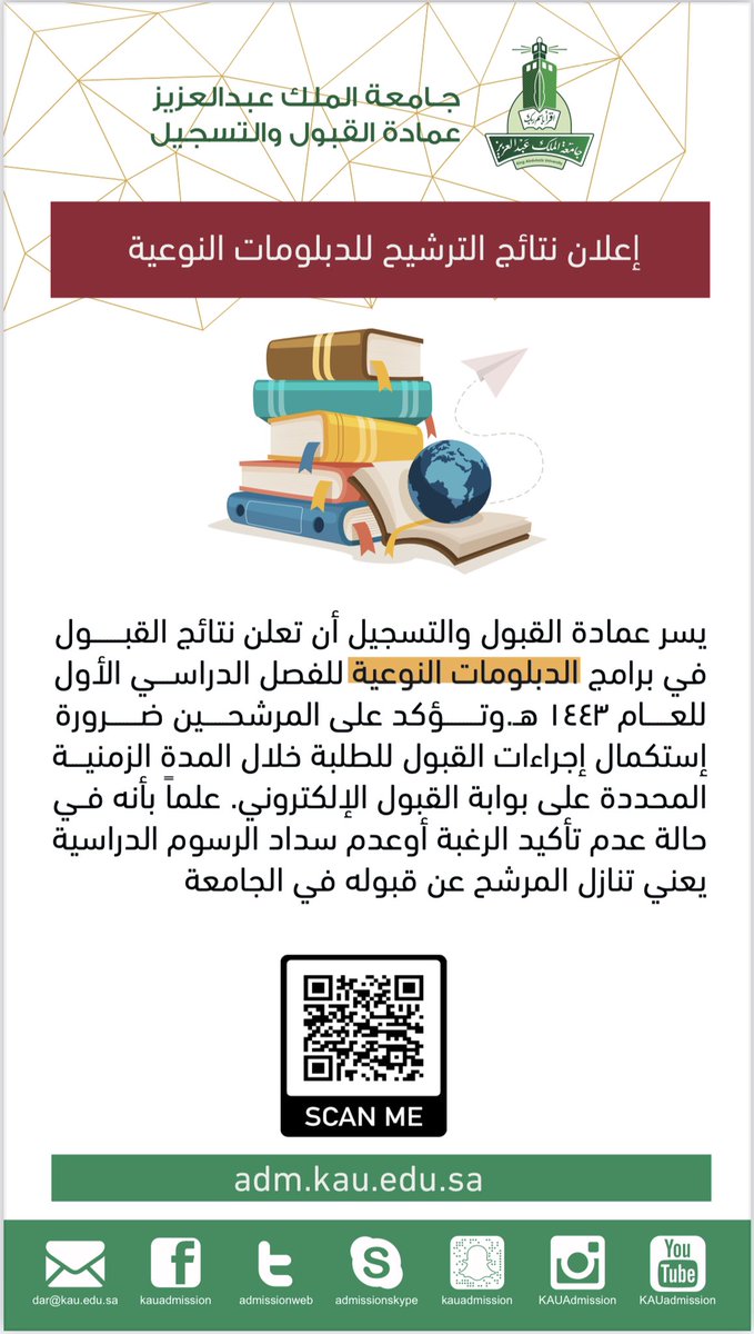 عمادة القبول والتسجيل Kau On Twitter يسر عمادة القبول والتسجيل بـ جامعة الملك عبدالعزيز أن تعلن نتائج القبول في برامج الدبلومات النوعية عبر بوابة القبول الإلكتروني عدم تأكيد الرغبة أو عدم سداد