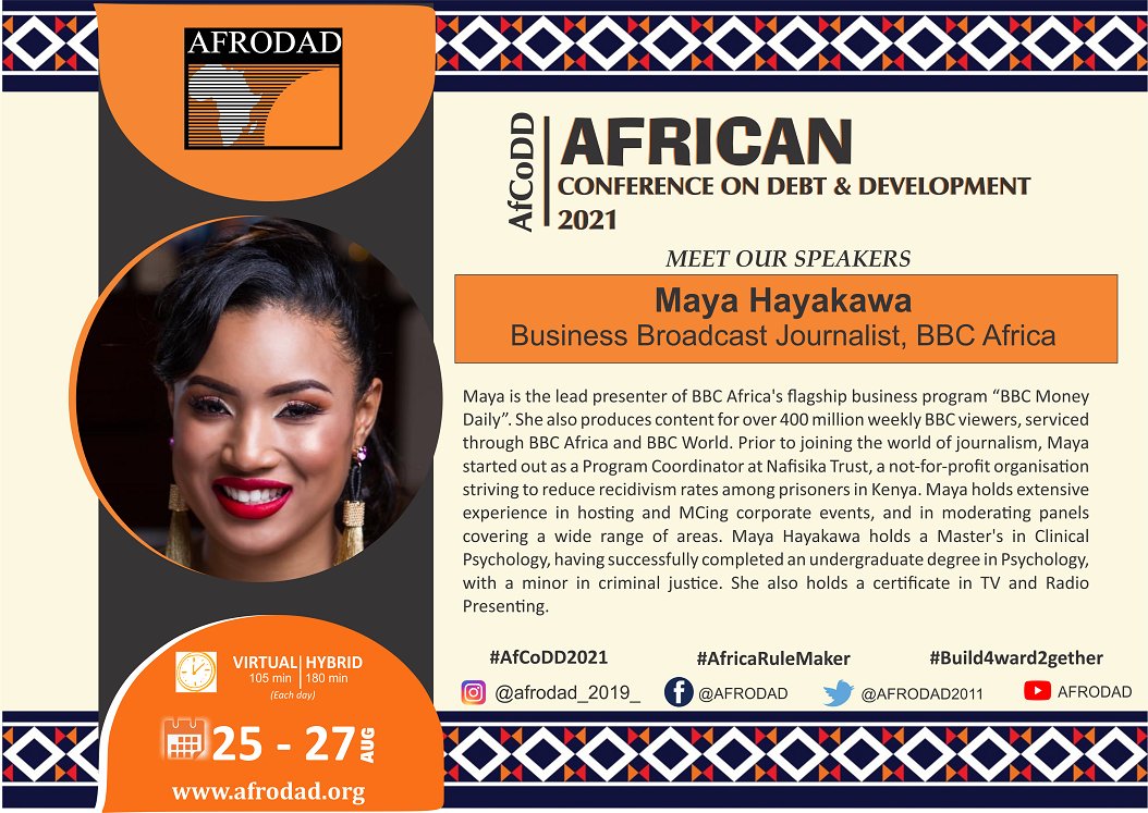 1/1 Get ready for #AfCoDD2021 tomorrow! Catch our moderator @MayaHayakawa as she sets the tone for  our political dialogue on Africa's debt. Register  #Build4ward2gether #AfricaRuleMaker @michaelzuzee @SeatiniU @JanetZhou_Mago @magalie_masamba @ChikoworeAdrian @OkoaUchumi_KE