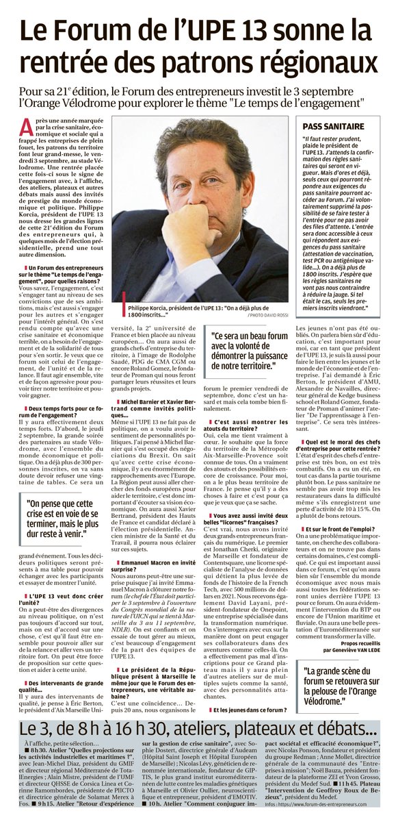 📰Le #FDE2021 dans <a href="/laprovence/">La Provence</a> ! Pour sa 21 édition, le Forum des entrepreneurs investit le 3/9 l’<a href="/orangevelodrome/">Orange Vélodrome 🏡</a> pour explorer le thème "Le temps de l’engagement".💬«Je veux que ce forum soit celui de l’engagement, de l’unité et de la relance.»<a href="/PKorcia/">Philippe Korcia</a> ➜bit.ly/3jaR9vh
