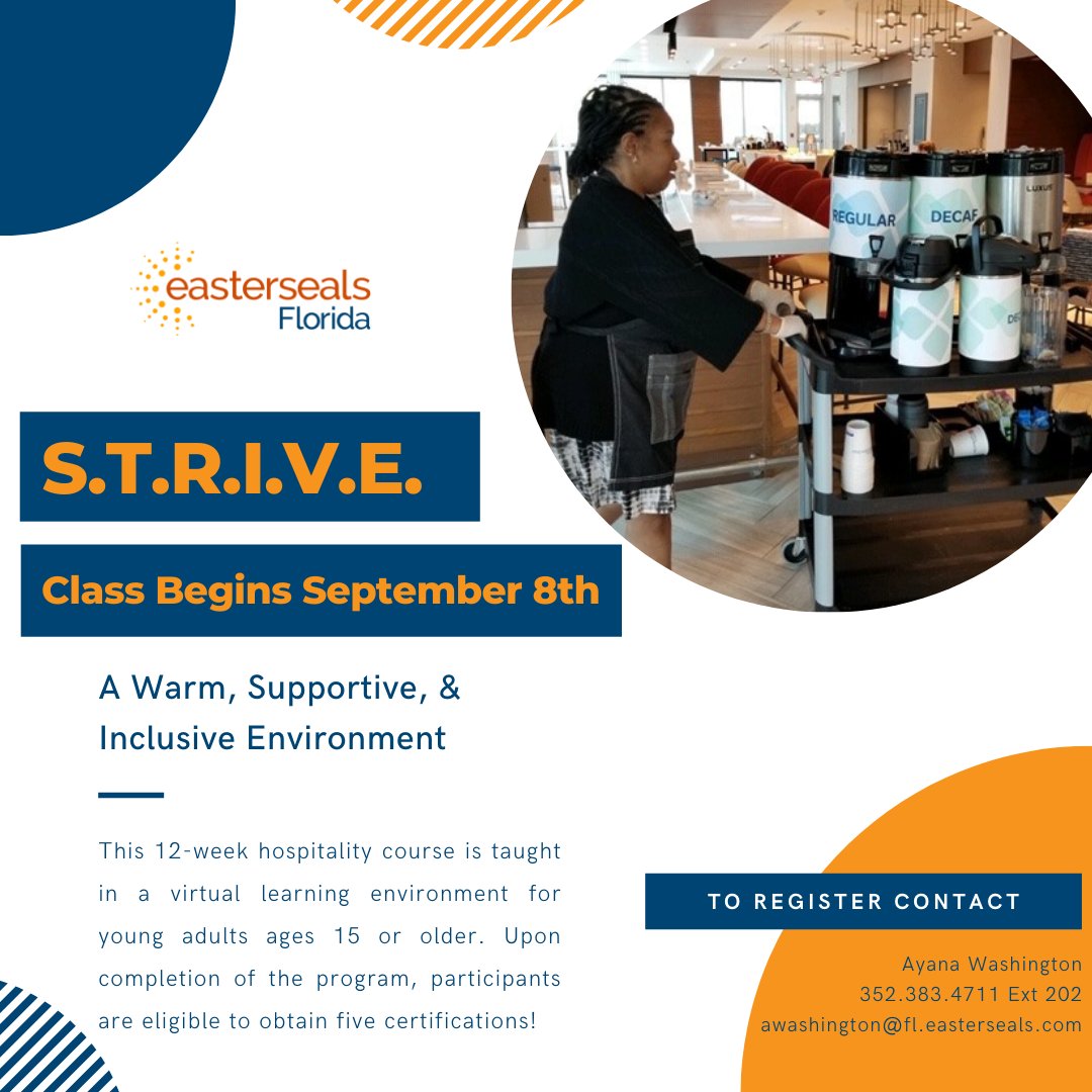 Register TODAY for our STRIVE in Hospitality classes starting September 8th 🙌 This popular inclusive 12-week hospitality program provides transferrable skills across a number of professions and vocations to individuals with disabilities! 💙