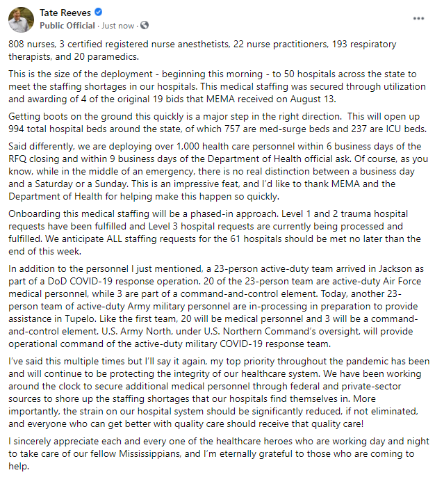 We must do whatever it takes to protect the integrity of our health care system. Today I announced 61 hospitals will receive: 

808 nurses. 3 nurse anesthetists. 22 NPs. 
193 respiratory therapists. 20 paramedics. 

994 total beds can open.
757 new med-surge and 237 new ICU beds.