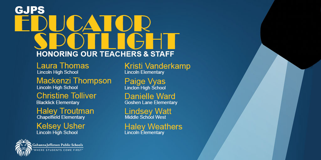 Let's make some noise 🎉👂👏🏾 and shine the spotlight on our next group of GJPS 2020-21 EDUCATOR SPOTLIGHT HONOREES (listed in alphabetical order)!

For a complete list of 2020-21 honorees ⬇⬇⬇
tinyurl.com/gjpsEDSpotlight

#theGJPSway