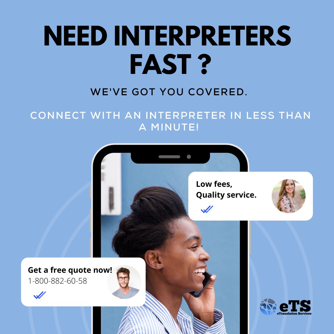 eTranslationSe2's tweet image. eTranslation Services provides In-Person Interpretation services &amp;amp;  Over-the-Phone Interpretation.

We can assist you in over 200 languages and dialects. Contact us now!  

#ondemandinterpreter #OPI #IPI #interpreters #languageservices #medicalinterpreter #legalinterpreter