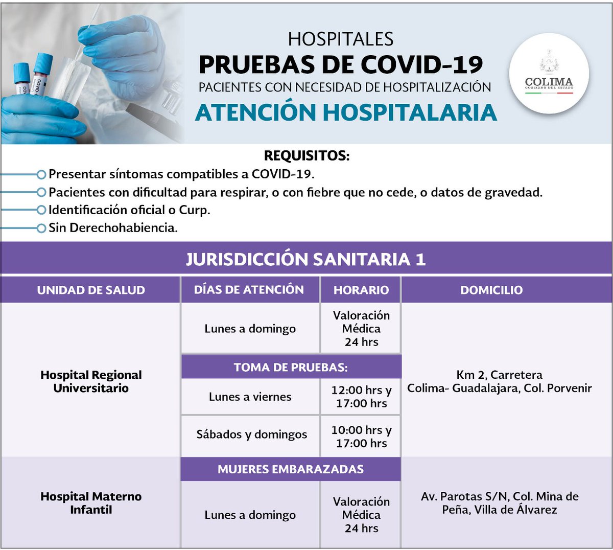 salud_colima's tweet image. Conoce las Unidades de Salud y Hospitales donde puedes realizarte pruebas de #Covid19 en Colima 📍

Toda la info. En 👉🏻 bit.ly/3sEIzIp