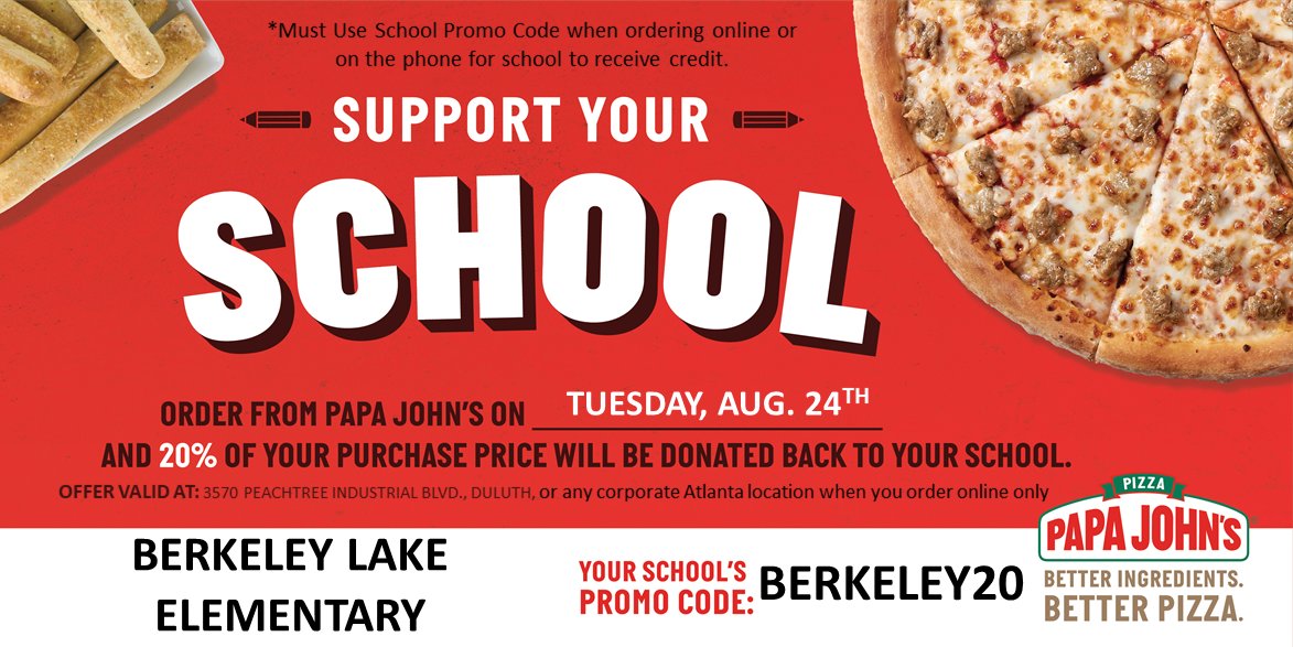 LakePto's tweet photo. It’s time for pizza!! 🍕  Support our school by ordering pizza tonight from Papa John’s. Use code Berkeley20. https://t.co/DNKJU6r1UB