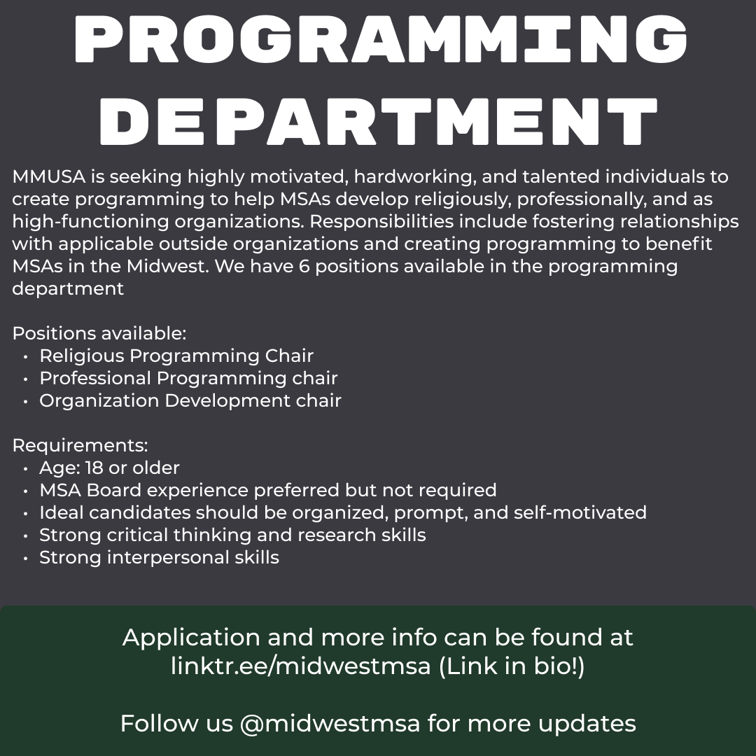 MMUSA is expanding our team this year to take on more projects and help Midwest MSAs this year in any way we can! Come join our team and help us help MSAs!
.
#mmusa #msa #islam #midwest #muslimstudent #muslim #college #studentorg #youngmuslim