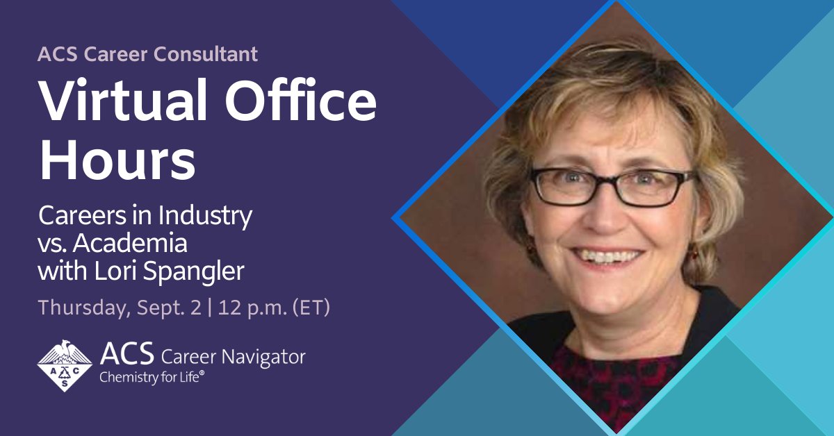 AmerChemSociety's tweet photo. Should you work in #industry or #academia? Join ACS Virtual Office Hours on 9/2 at 12PM EDT for the key differences, plus small-group networking w/ #ACSCareerConsultants. Open to ACS members AND non-members! Register for FREE at https://t.co/TaQ0yMSdBv https://t.co/NAfYKGeX85