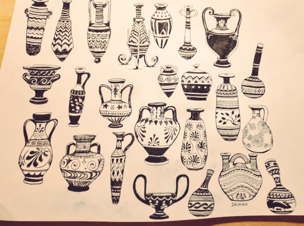 I couldn't stop doodling to fill this page with ancient vases (based on pinterest refs.) Still not finished yet... why is it so relaxing?! 