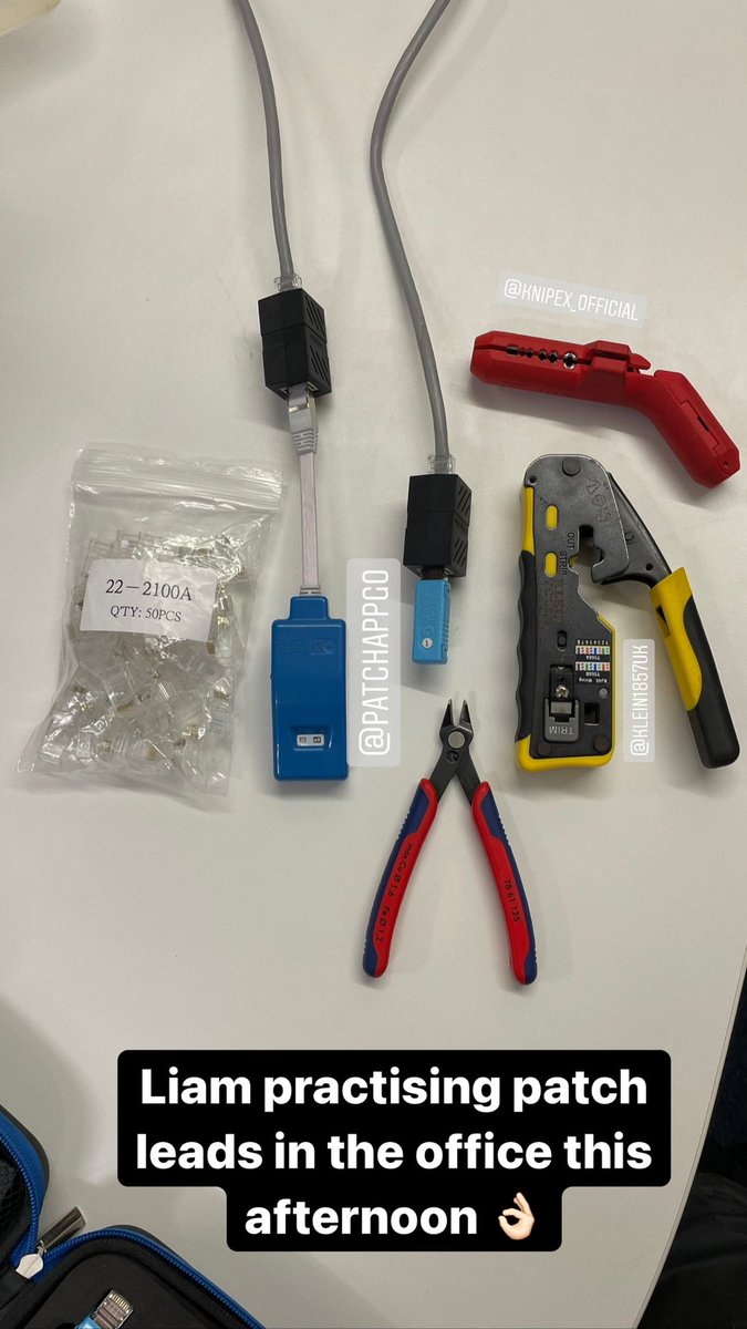 KHGSecurity's tweet image. Had Liam practising Cat6 patch leads this afternoon, only the best kit - @knipex_uk cable strippers and flush cutters, @Klein1857 crimpers and the unbeatable @patch_app_go to test his connections. 100% pass rate today. Use the best, be the best. Top work Liam.