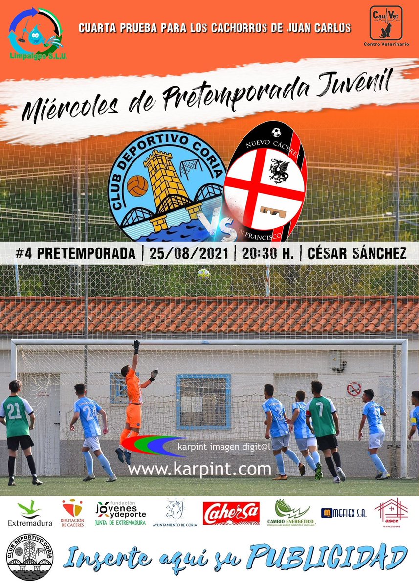 🤝 Mañana tendremos un amistoso más para nuestros jugadores en esta #PretemporadaCeleste
💙<a href="/CoriaJuvenil/">CD Coria Juvenil A</a>-<a href="/CdNuevocc/">C.D. Nuevo Cáceres San Francisco</a> ❤️
🗓 Miércoles 25
⏱ 20:30
📍Municipal “César Sánchez”

🙌🏼 | Os esperamos a todos para venir a apoyarnos, ya queda menos para el inicio de liga!💙
#CanteraCeleste