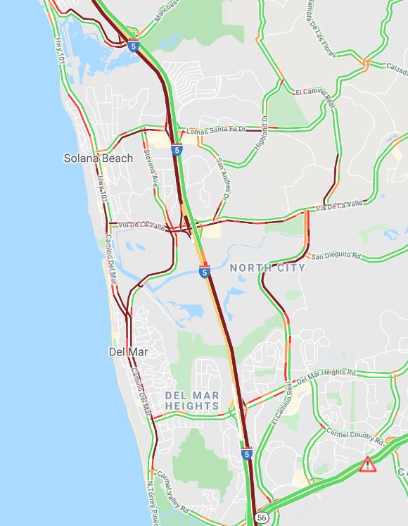 HelpfulVoice's tweet photo. Avoid the Del Mar area for awhile!  a small plane crashed onto the 5 freeway south of Via De La Valle after 12p.  ALL SOUTHBOUND 5 LANES ARE CLOSED AT LOMAS SANTE FE DR.  Street alternates are also jammed up!  #SDTraffic #SoCaltraffic #SDPlaneCrash https://t.co/I5vtEolQn5