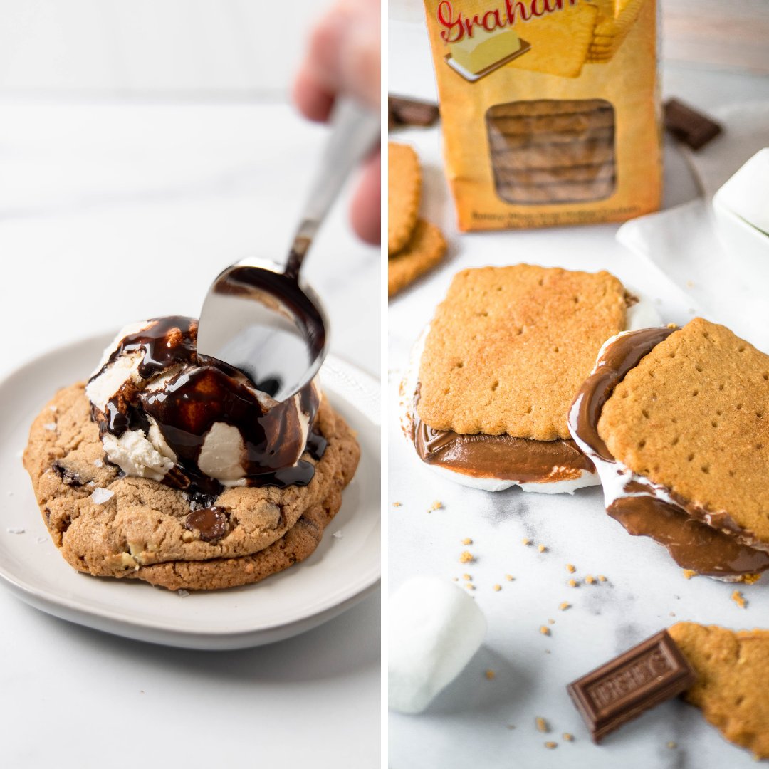 This or That Bite Me Cookies Edition! If you could only pick ONE Bite Me cookie pairing to enjoy for the rest of the year, which would it be?

1️⃣ The Original cookie topped with vanilla ice cream and chocolate sauce

2️⃣ Our classic Butter Grahams made in a gooey S'mores sandwich