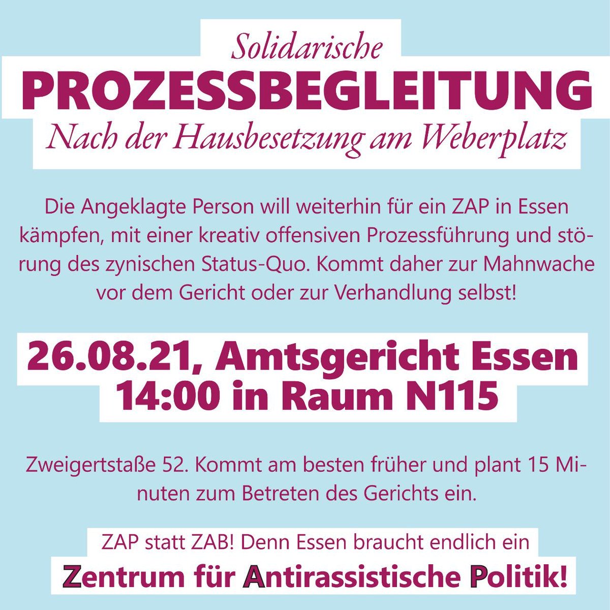 gesasupp's tweet photo. Am Donnerstag soll die Strafmaschinerie des AG Essen wieder in Gang gesetzt werden. Ob offensive Prozessführung dabei Sand im Getriebe sein kann, werden wir sehen. Kommt am Donnerstag (26.08.) um 14 Uhr zum #Weberplatz Prozess in Saal N115 und macht euch selbst ein Bild davon :) https://t.co/CC7oMyQnGU