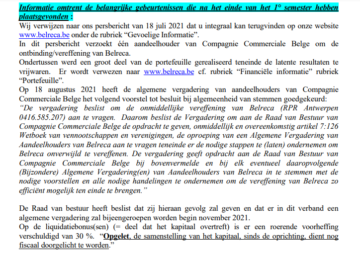 MaverickInvest1's tweet photo. @tijd @MobyDickNBB @euronext_be Het belangrijkste nieuws uit het verslag:
- Een BAV zal begin november worden bijeengeroepen
  om de vereffening goed te keuren.
- Op de liquidatieboni zal 30% roerende voorheffing
   betaald moeten worden.
- Samenstelling van het kapitaal dient nog fiscaal worden doorgelicht. https://t.co/lGeb4jTpSh