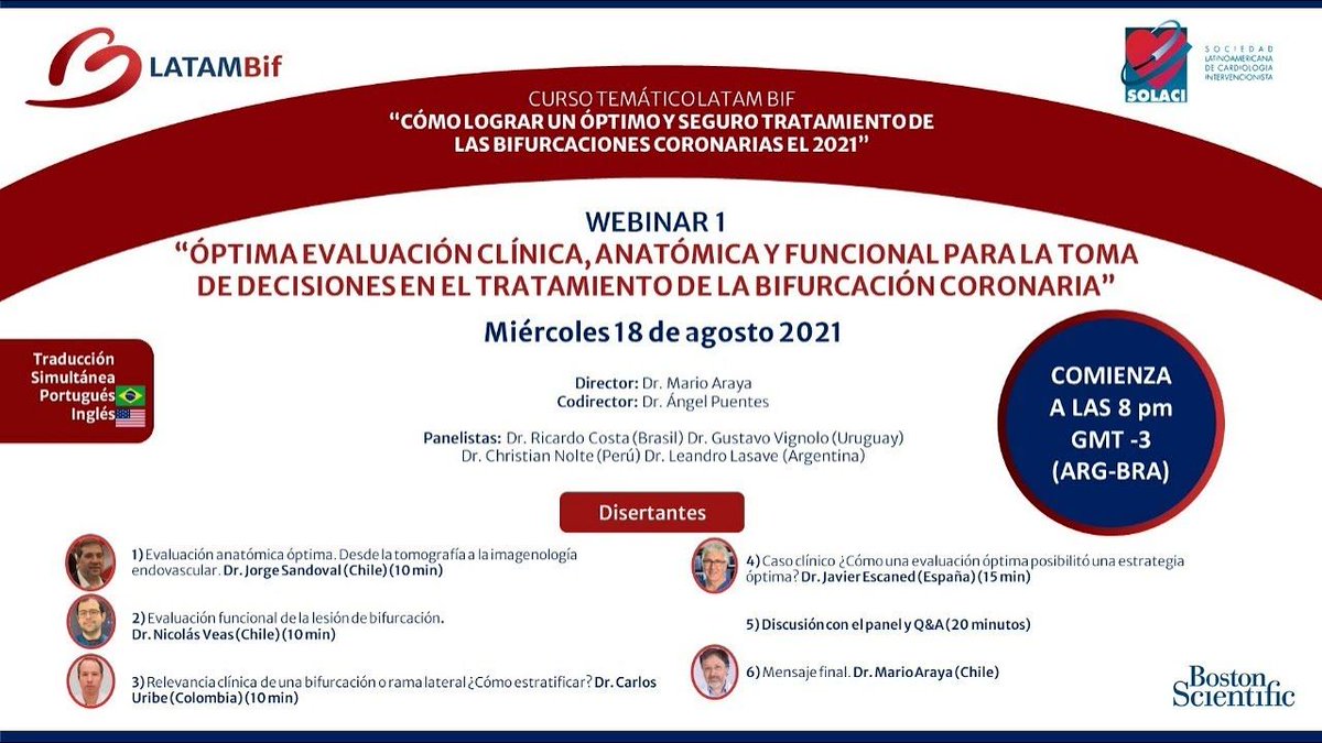 solaci_online's tweet photo. 👉 Vuelva a ver Óptima evaluación para la toma de decisiones en el tratamiento de la bifurcación coronaria
✅ Primer Webinar del Grupo LATAM Bif.
https://t.co/7XmOAa3o6S https://t.co/LwQZld1o72