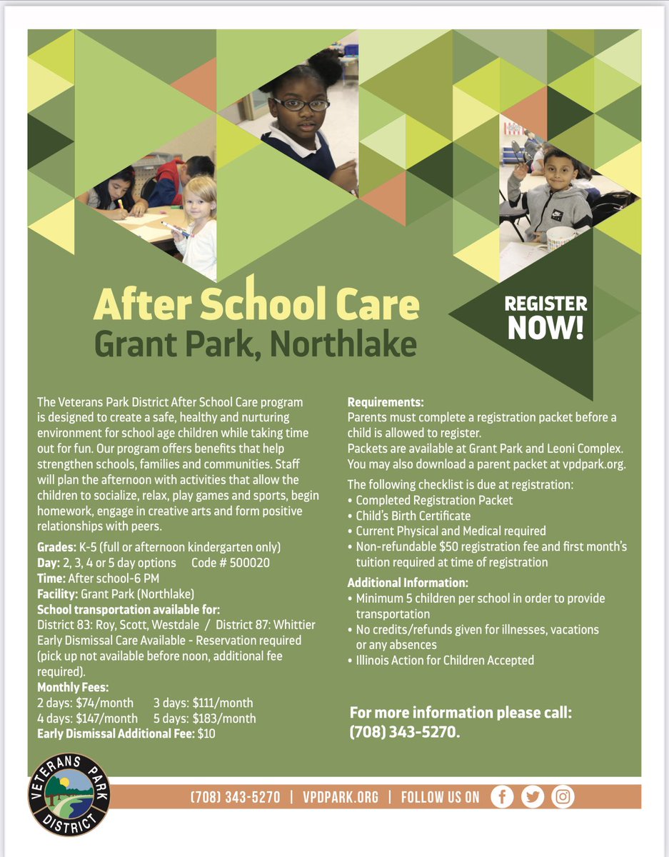 VPDpark's tweet photo. Veterans Park District offers after school care for schools Roy ,Scott, West Dale and Whittier call 708-343-5270 for more info https://t.co/OXg59mksyH