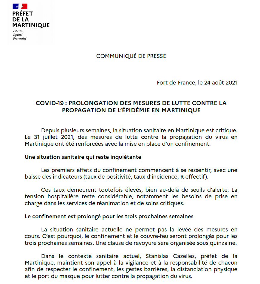 Prefet972's tweet photo. #Covid19 | Communiqué de presse concernant la prolongation des mesures de lutte contre la propagation de l'épidémie de la covid-19 en #Martinique ⬇ https://t.co/ZfeWF3JZGA