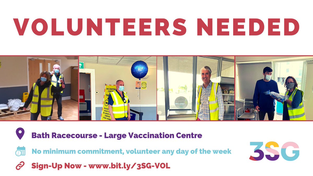banes3sg's tweet photo. Volunteers needed at Bath Racecourse Vaccination Centre! @RUHBath 

Inductions are at the end of August &amp; beginning of September, so please sign up now before it's too late: https://t.co/7esJcoc415

Any queries, email contact@3sg.org.uk https://t.co/52ewUAwmGl