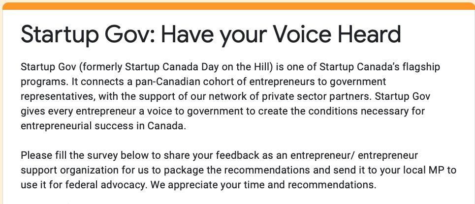 #PEI Entrepreneurs, Founders and #SmallBusiness  Have Your Voice Heard!

#StartupGov gives every entrepreneur a voice to gov. to create the conditions necessary for entrepreneurial success in Canada. Please share your feedback here:

docs.google.com/forms/d/e/1FAI…  #entrepreneur