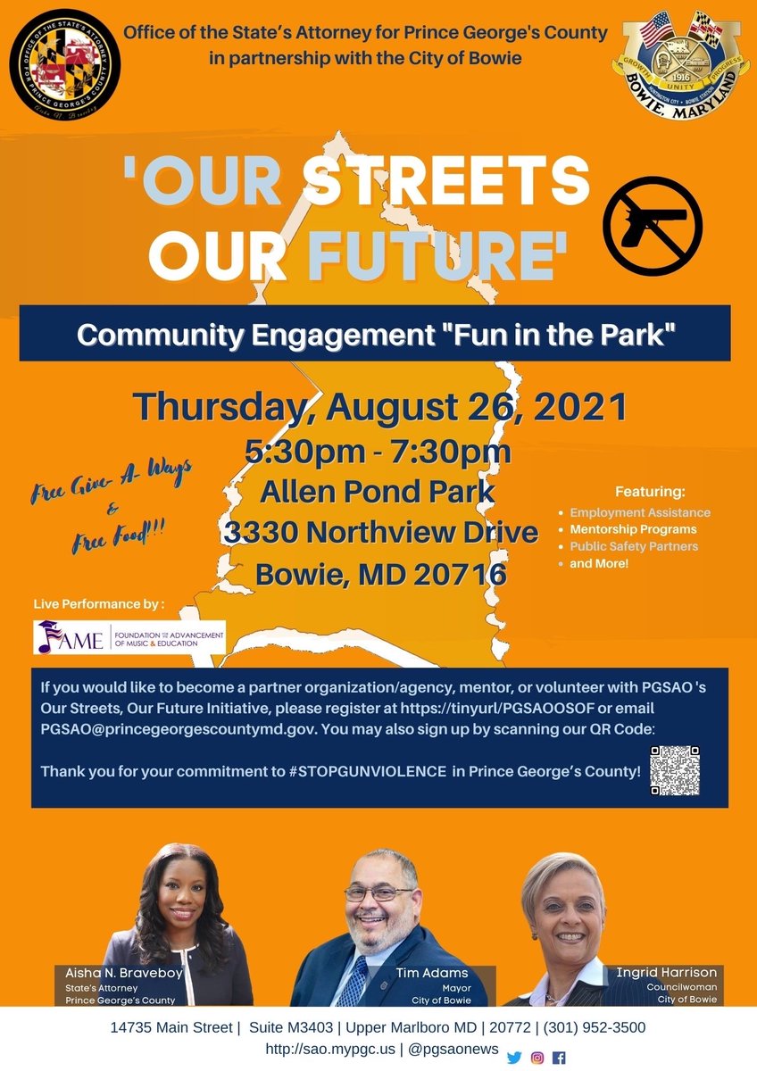 The City of Bowie is partnering with the County States Attorney’s Office to bringing together the community and local public safety officials at Allen Pond Park on Thurs, Aug 26 from 5:30 – 7:30 p.m. Enjoy  music, informational tables, giveaways, free food, and more!