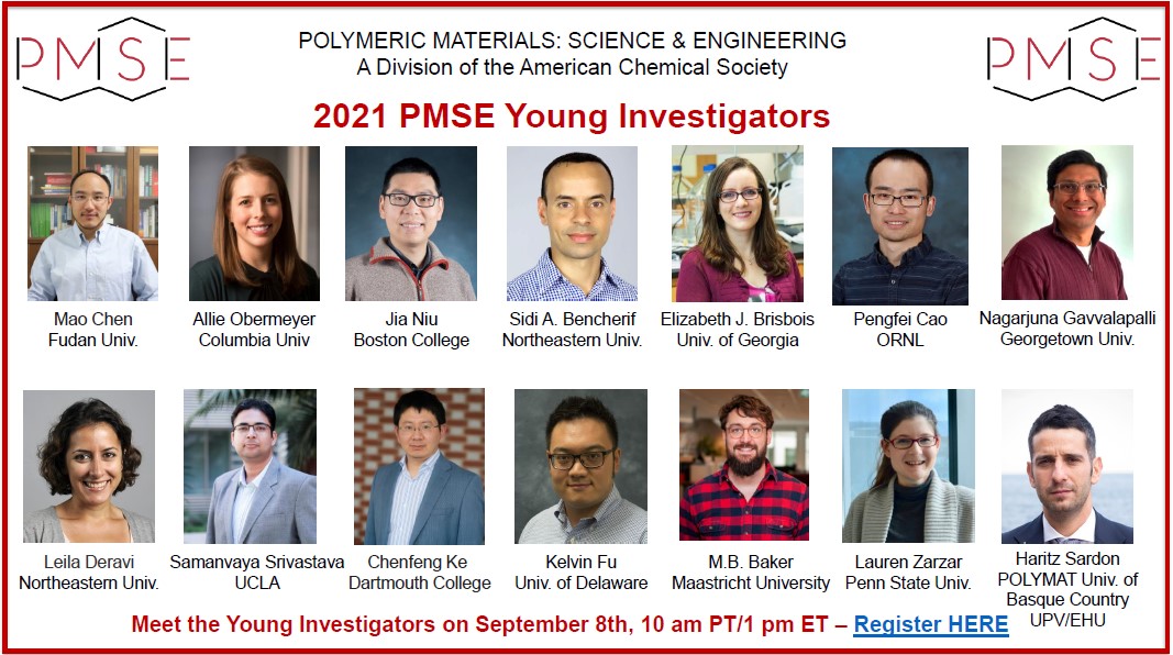Congratulations to the 2021 PMSE Young Investigators!  Come meet the awardees and get a sneak peek of their research endeavors on September 8th, 10 am PT/1 pm ET.  Register at forms.gle/Q9oGPLAsrSfmPx… #ACSFall2021 <a href="/AmerChemSociety/">American Chemical Society</a>