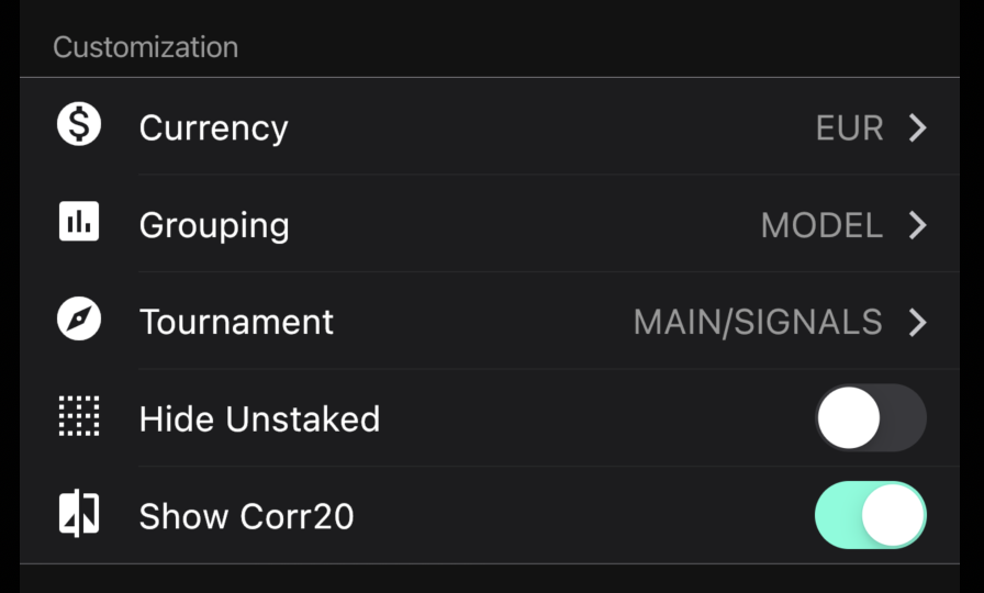 NumeraiPayouts's tweet photo. Quick heads up about the change to a 20-day target for Signals. If you are running the most recent version of the app you will see an option `Show Corr20` in Settings (if you have Signals tournament enabled). If everything goes well enabling this is all you have to do! https://t.co/7JLXftjQRb