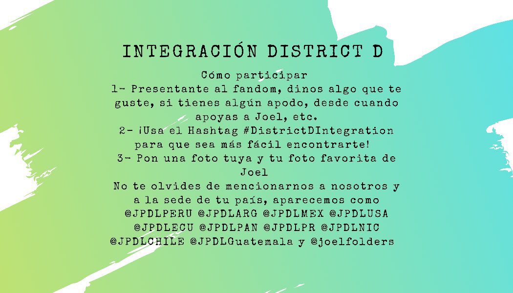 JPDLPR's tweet photo. ¡Hola! ¿Cómo va el Distrito D? Estamos muy emocionadas de hacerles saber que comenzaremos una #DistrictDIntegration en la que podrán presentarse a otras personas en el fandom y agregar una foto suya junto a su foto favorita de Joel 💜 @itsjoelpimentel @joelfoIders https://t.co/BSpy4gYhaN