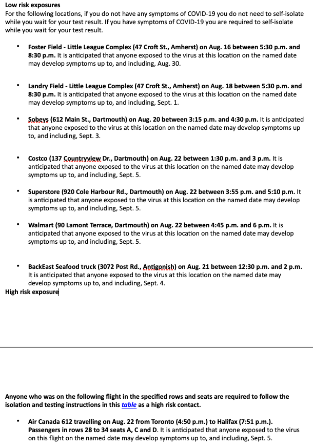 HealthNS's tweet photo. Potential exposures to COVID-19 at locations in Northern, Eastern and Central zone and on one Air Canada flight.

Learn more:
https://t.co/lia0T8O9G3 https://t.co/sbQJtV8hXm
