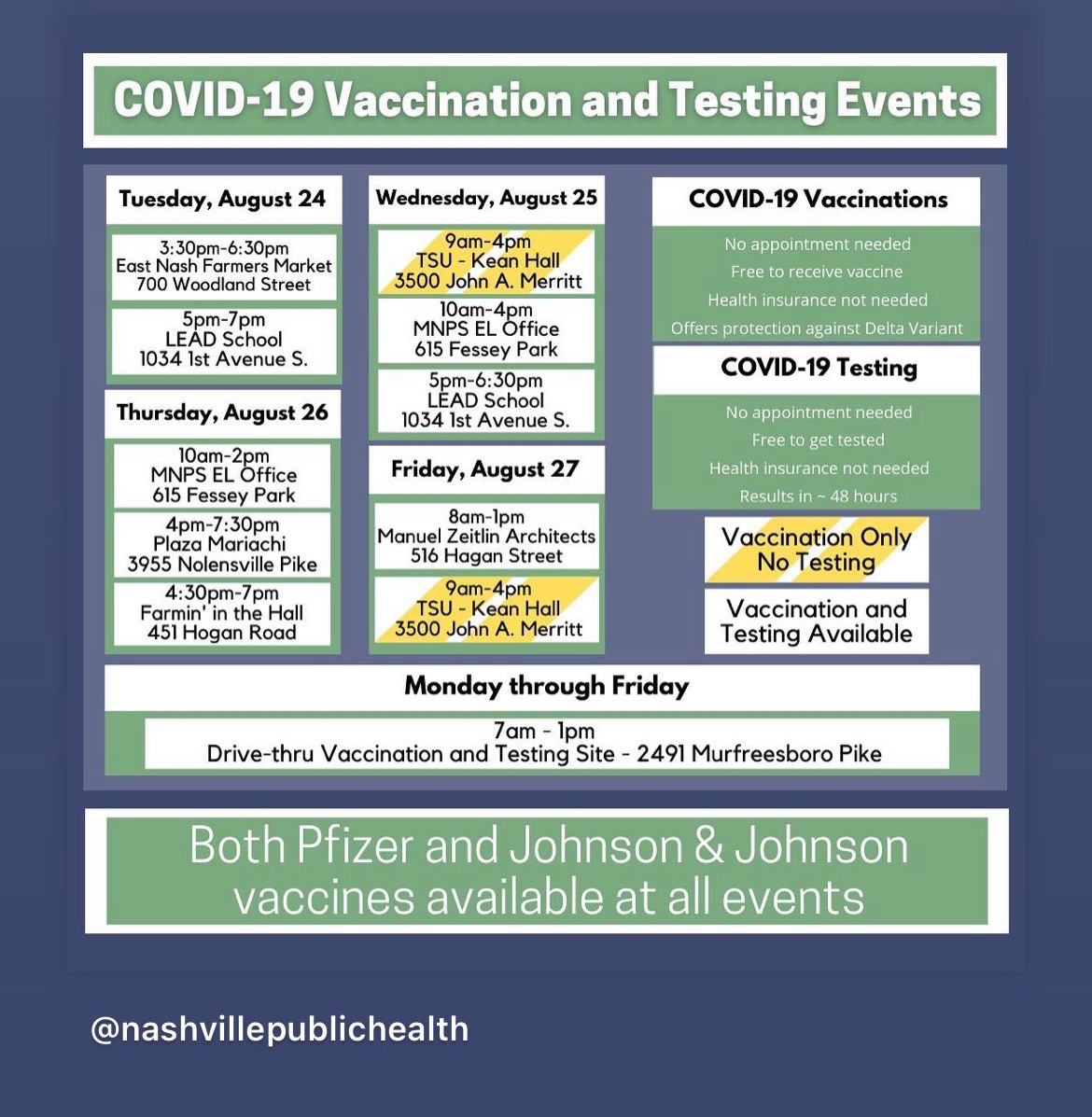 <a href="/MetroSchools/">Metro Schools</a> EL Office is partnering with <a href="/NashvilleHealth/">NashvilleHealth</a> as a vaccination and testing site. Open to all! Translation services available.

615 Fessey Park Road
Nashville, TN 37204

Wednesday, August 25 10:00 am-4:00 pm
Thursday, August 26 10:00 am-2:00 pm

Come over to see us!