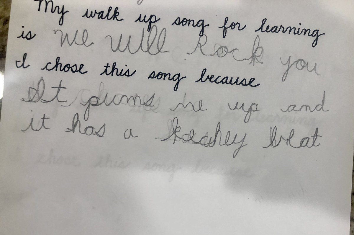 christemont's tweet image. Ss decided what their walk up song for learning would be. Then Ss shared reasons why their song pumps them up and gets them ready to learn. I can’t wait to read these and blast their favorite tunes when they come in each day! #Dyslexia #cursivepractice @BeckElem
