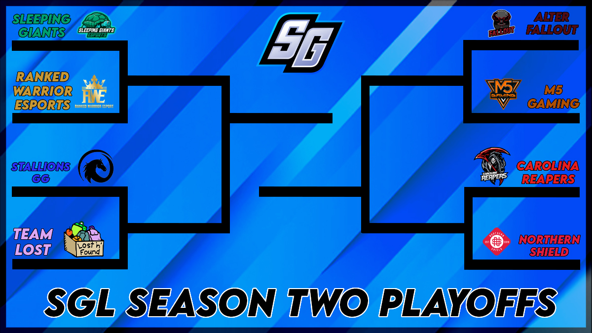 It's our pleasure to announce the Season Two playoff bracket! ! Good Luck to all our teams and may the best team win!

<a href="/SleepingGiantGG/">Sleeping Giants eSports</a> VS <a href="/EsportRanked/">Ranked Warrior Esport</a> 
@StallionsGG_ VS #TeamLost
<a href="/FalloutGG/">The Official Fallout</a> VS <a href="/Mi5fitGaming/">M5Gaming</a> 
<a href="/CarReapers/">Carolina Reapers</a> VS @NShieldAcademy