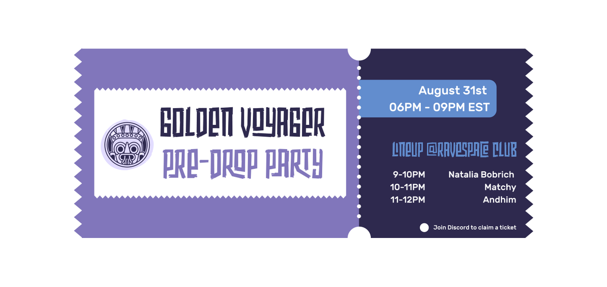 1/3
💃We're announcing the GVP Pre-Drop Party in the metaverse 💃

To celebrate our drop we want to invite the whole NFT community to dance with us!

When?? 
31st August 21 / 6 -9 pm EST.

Tickets are limited to 700 find more info: discord.com/invite/goldenv… in channel #predropparty
