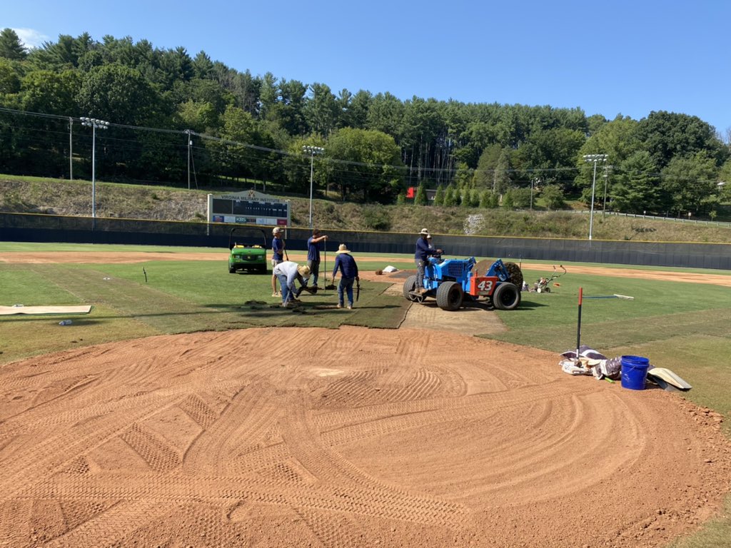 TurfGenerals's tweet photo. #43 and crew from @CarolinaGreenCo and gettin it done here in Gray-Minor Stadium @ VMI. Some sod being replaced, lazer grading INF….mound and home plate areas getting some love as well. #processneverstops @VMIAthletics @VMIbaseco #RahVaMil https://t.co/cXY3o59ZUJ