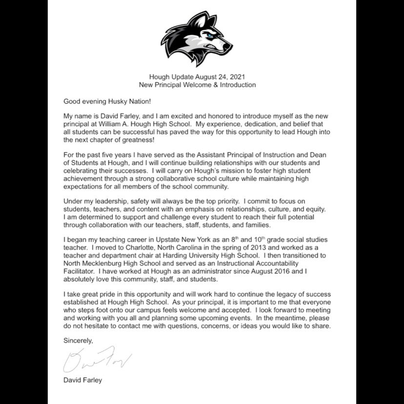 🎉Announced at tonight’s @charmeckschools BOE meeting. Our new principal - Mr. Dave Farley. In the coming days we will host a town hall. All info will be posted here and on the school website. Read his introduction and welcome letter here: bit.ly/houghupdate824…
