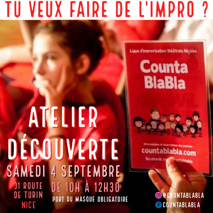 Cher vous,
On est heureux de vous retrouver comme chaque année avec: 
L’Atelier découverte et c’est le
Samedi 4 septembre de 10h à 12h30 
au 31 route de turin 06300

Pour t’inscrire, Rien de plus simple inscris- toi via ce formulaire sur le site
countablabla.com