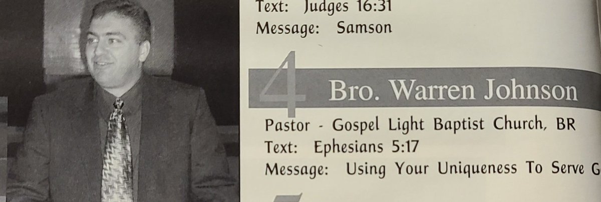 BoredGuy013's tweet photo. That awkward moment when your going through your old IFB high school year book and see a chapel speaker that's in the abusers section of @preacherboysdoc. https://t.co/i0AIGdMpoe