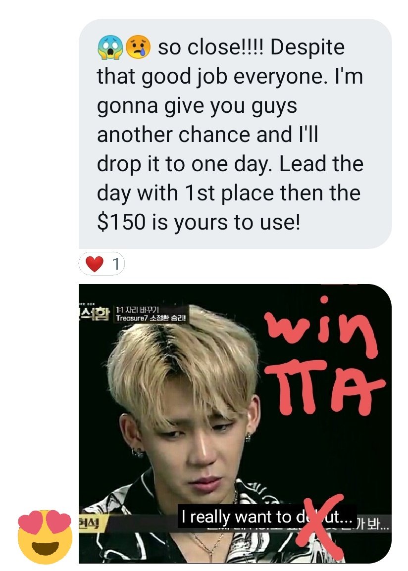 UPDATE:
TEUMES OUR DONOR REALLY WANTS US TO WIN! WE HAVE ANOTHER CHANCE ‼️‼️

All we need to do is to place 1st place for a DAY!!! $150 is on our hands! 

📢  Time to create more accounts ‼️

Fighting teumes!!! 🥰

#トレジャー #트레저 #TREASURE 
<a href="/treasuremembers/">TREASURE</a>