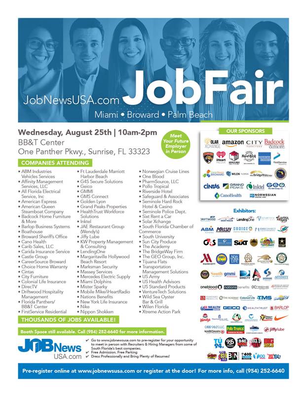 MEGA SOUTH FLORIDA JOB FAIR! Wed, Aug 25th at the Florida Panthers Arena 75+ EMPLOYERS, 5,000+ JOBS  Wed, Aug 25 10am-2pm. BB&T Center, 1 Panther Pkwy, Sunrise FL 33323FREE EVENT ? FREE PARKINGPre-Register Online: https://t.co/1HxUcnIdeF https://t.co/BkRF5icYvH https://t.co/TiwLTYwPwS