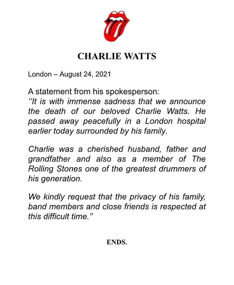 MWariney's tweet photo. #NotiRock ⚠️ 💥
Trágica noticia para el rock 🥺Adiós al grandioso Charlie Watts 😢 baterista de la banda de rock and Roll 💋 @RollingStones quién murió a la edad de 80 años en Londres según se dio a informar por parte de la cuenta oficial de la banda.
#RIPCharlieWatts 🖤 https://t.co/xe5g4vD0GA