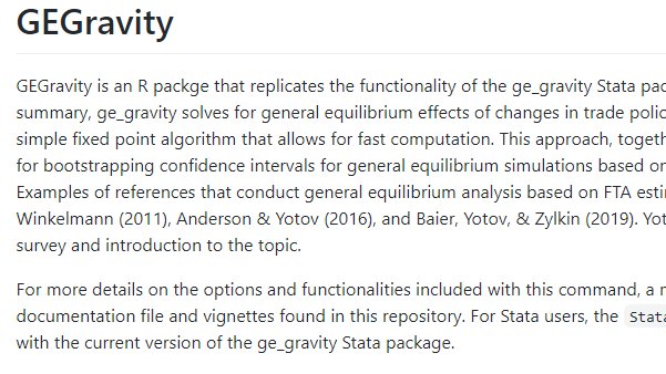 🚨 New R package - GEGravity 🚨

Originally a Stata package for solving general equilibrium trade models, now also an R package thx to awesome work by Vadim Kudlay (current @BrownCSdept MS, former student at UR)

github.com/VKudlay/GEGrav…