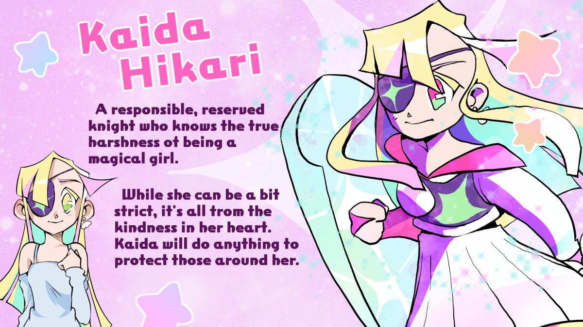 🌟 Every hero needs a princess. Or a knight. Or both.
Kaida is the younger sister of a famous magical girl, and as such, she knows all the ins-and-outs...but underneath that stern exterior is a troubled, gentle girl with a passion for fluffy mascot characters. Total mom friend.