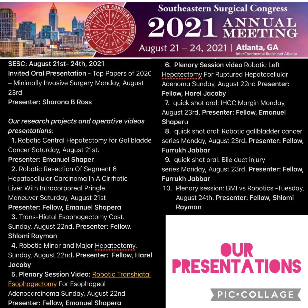 RossSharona's tweet photo. At the 2021 SESC with our fellows. Drs Rosemurgy, Sucandy,&amp; I had 10 presentations. The fellows did an amazing job presenting. I would like to thank the Congress 4 electing me as 2021-22, 2nd Vice President of SESC #SESC21 #roboticsurgery #Cancer @SAGES_Updates @AHPBA @SSATNews https://t.co/ID0dDnimb4