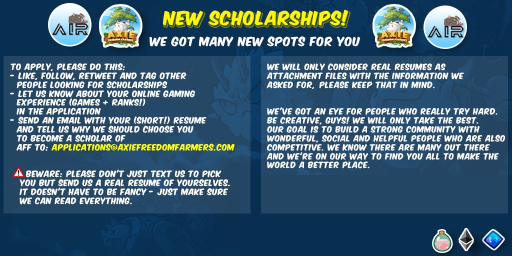 🚜  SCHOLARSHIPS!  🚜   🌾
offered by: @AxieRetreat      #AIR22
managed by: <a href="/AxieFreedom/">Axie Freedom Farmers</a>    🚜
🚜 to apply:
1. Follow Both  ⬆️            #AxieInfinity 
2. Like + ReTweet.                ♾🎮♾
3. Comment Tagging 3 Friends.
4. Email your #gaming resume.  🎮
