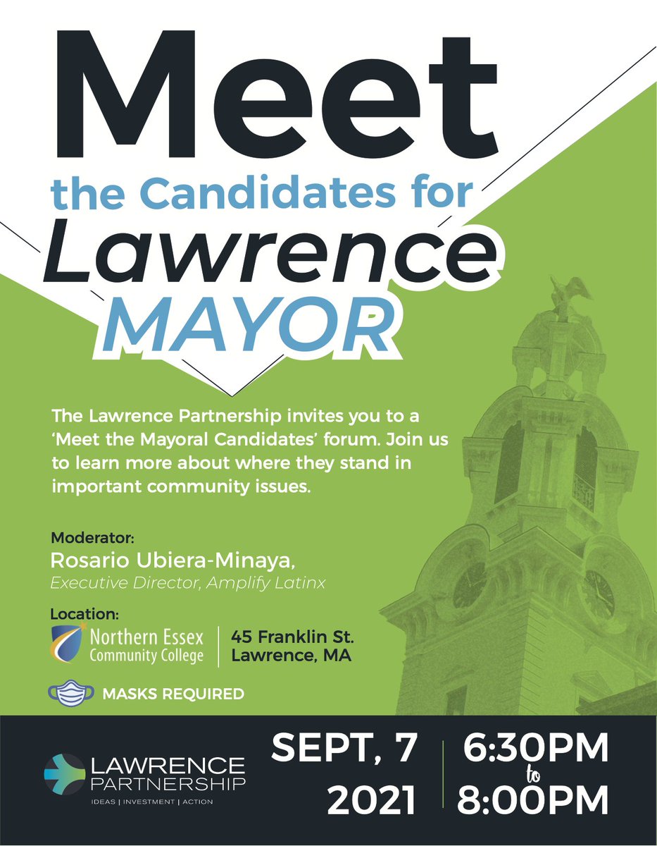 Join us to Meet the Candidates for Lawrence Mayor Forum! Rosario of @AmplifyLatinx will be introducing the mayoral candidates running for The City of Lawrence and setting the stage for their introduction to our community. #jointheconversation #mayoroflawrence #leadership