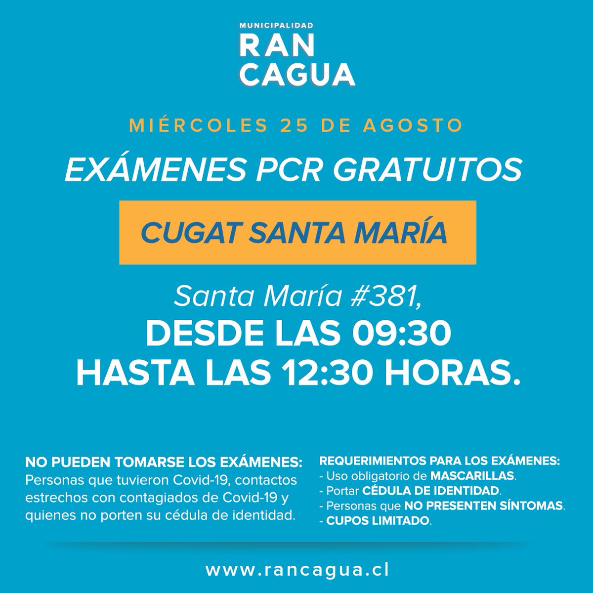 Cormun_Rancagua's tweet photo. 😷 [MIÉRCOLES 25] Entre tod@s nos cuidamos de la variante DELTA, hazte el examen PCR en #Rancagua
.
.
.
.
.
@munirancagua
@alcaldejrgodoy https://t.co/YAiaLP9ucY