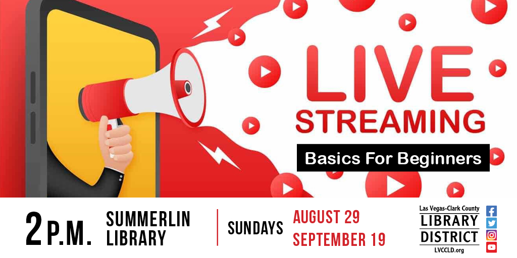 LVCCLD's tweet photo. Learn the basics of #livestreaming at #SummerlinLibrary on Sunday, August 29! This FREE class will show you how to create a simple video & upload it to #YouTube, social media, or school broadcasting networks 📹 💻 . https://t.co/dJemM8NDWD #FreeTechSupport #LibrariesDoThat https://t.co/1PwGlZA1OX