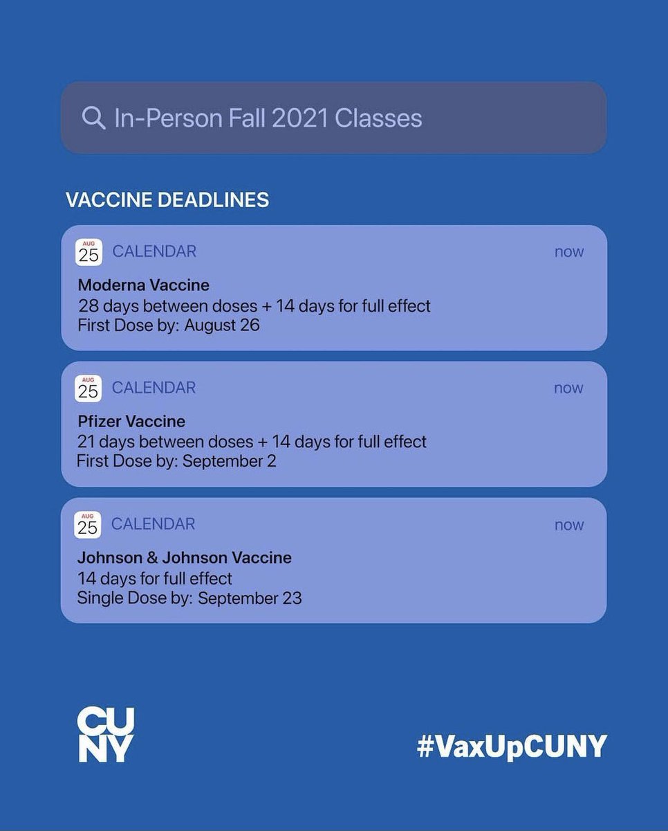 qcc_sga's tweet photo. NEW from @cunyedu: The FDA fully approved a COVID-19 vaccine on August 23, 2021, triggering a 45-day deadline for students to be fully vaccinated. Students now have until September 27, 2021 to upload proof of vaccination in CUNYfirst.
#vaccination #qccsga #qcc #cuny #vaxupcuny https://t.co/SuJFSiwTh5