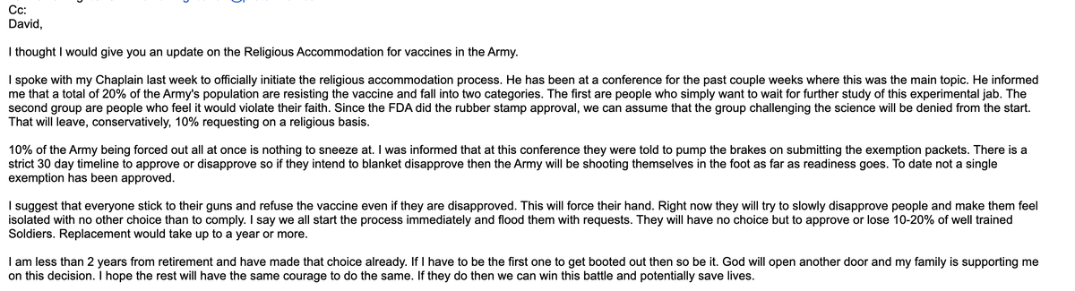 libertytarian's tweet image. Important message I received
from someone in the #Military re #VaccineMandates 
and #ReligiousExemption

#NoVaccineMandates
#Army #Navy #Marines #AirForce 
#Christian #Christ #ReligiousFreedom