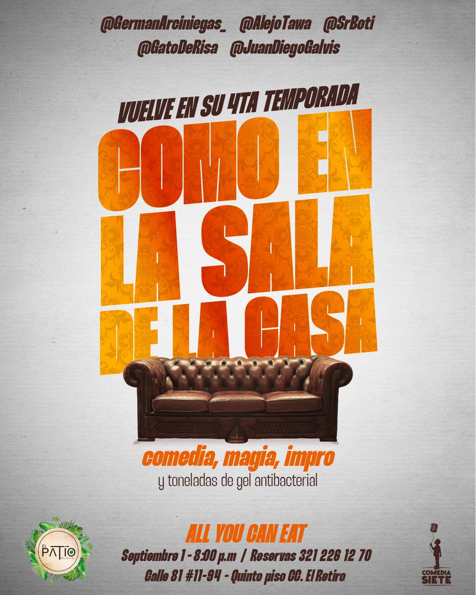¡ESTAMOS DE VUELTA!

Por fin llegó la hora de volvernos a encontrar.
Regresa #ComoEnLaSalaDeLaCasa en <a href="/ElSitioBar/">El Sitio Bar Y Licores</a> con tremendo elenco: @srboti , @alejotawa , <a href="/magazo/">Germán Arciniegas</a> ,  <a href="/gatoderisa/">Don Gato</a> y <a href="/juandiegogalvis/">Juan Diego Galvis</a> 
Nos vemos el 1 de septiembre. 

Mayor información: wa.link/ffu9h5