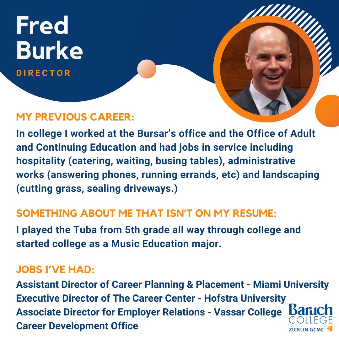 ZicklinGCMC's tweet photo. Get to know the GCMC Director, Fred Burke! Fred comes to @Baruch_Zicklin with almost 25 years of experience in higher education career services serving on boards, chairing committees, mentoring and teaching new professionals.
#ZicklinCareers #GetToKnowTeamGCMC #HigherEducation https://t.co/7x6PjKSjmO